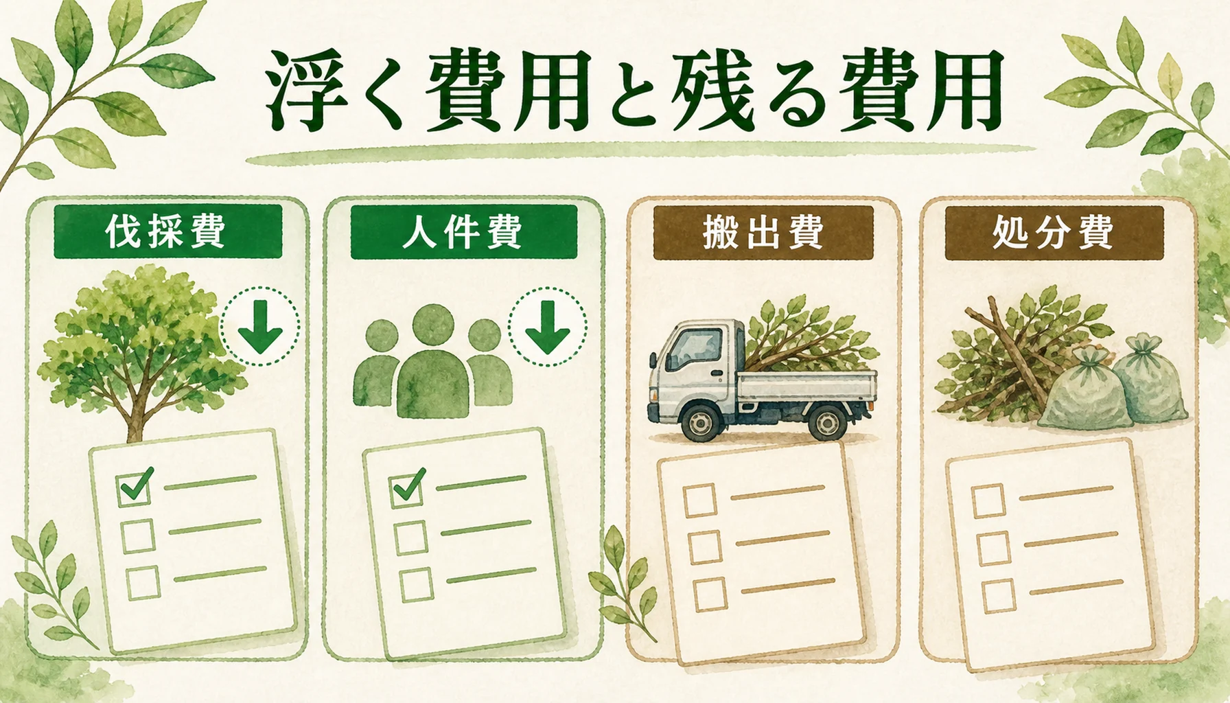 自分で木を切る場合に浮く費用と残る費用を分けた図解