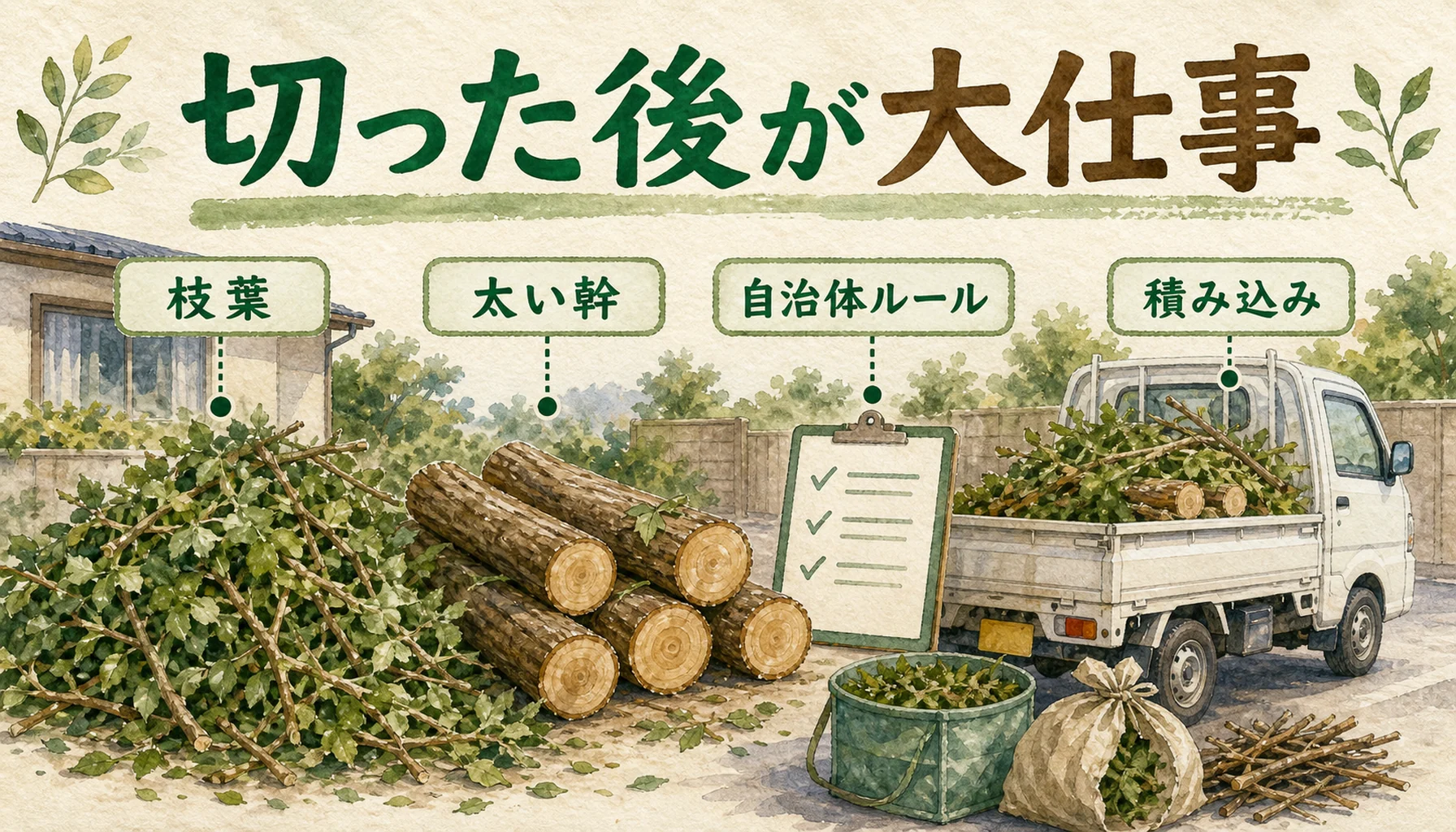 切った木の枝葉や幹を処分する手間と確認点を示す図解