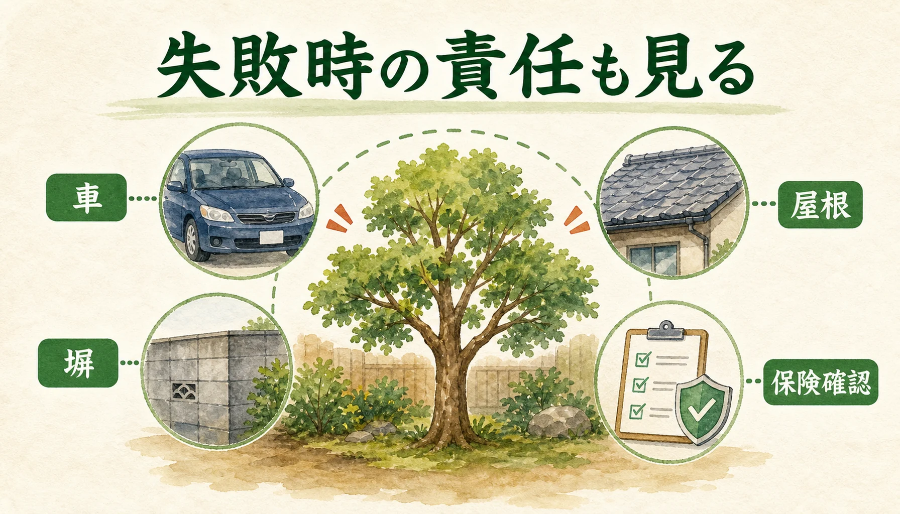自分で木を切る場合の隣家や車などの破損責任を示す図解