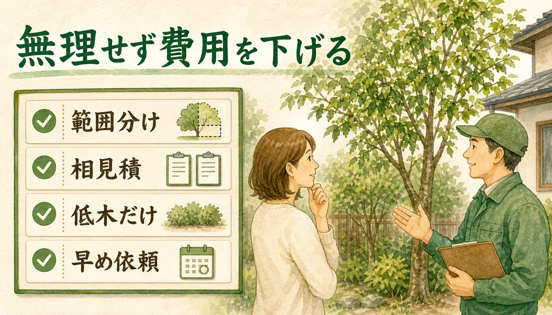 自分で木を切らずに伐採費用を抑える現実的な方法を示す図解