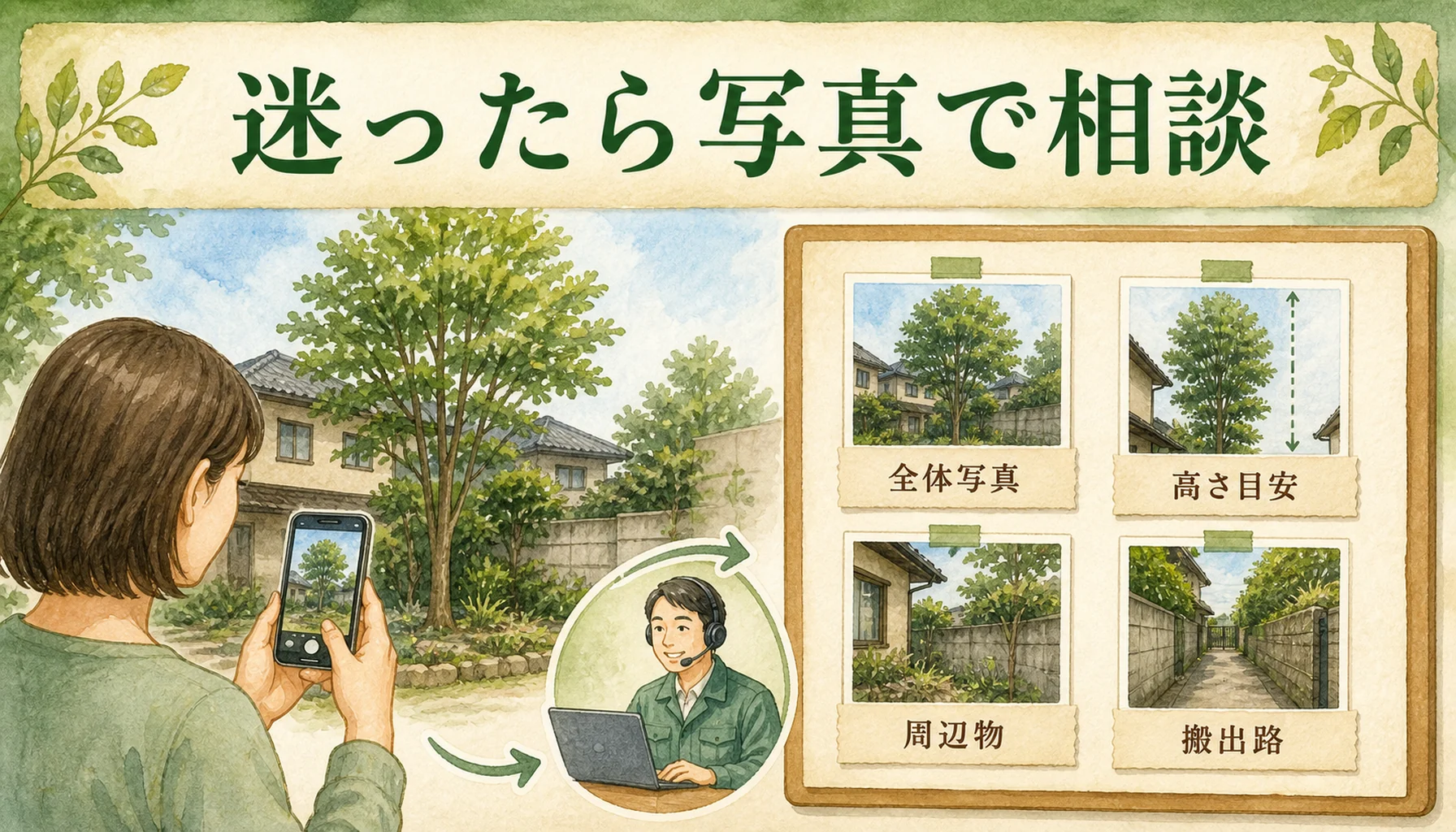 伐採業者に相談するときに用意する写真・高さ・周辺物・搬出路を示す図解