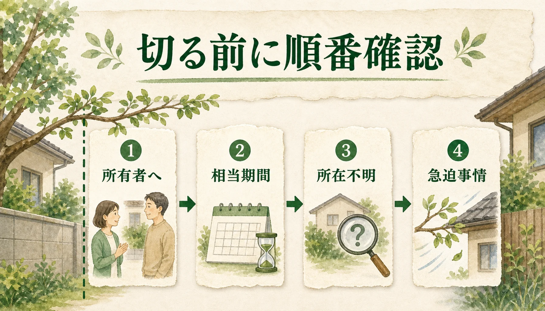 越境した枝を切る前に所有者への催告など順番を確認する図解