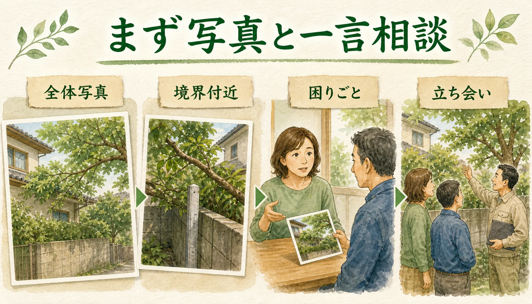 隣の枝の越境を写真に残して相談する実務的な流れを示す図解