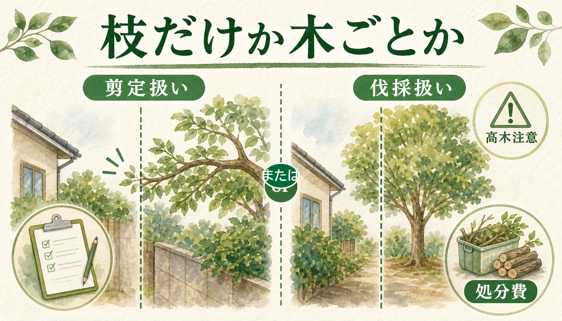 隣の木の枝を枝だけ切る場合と木ごと伐採する場合の費用要因を示す図解