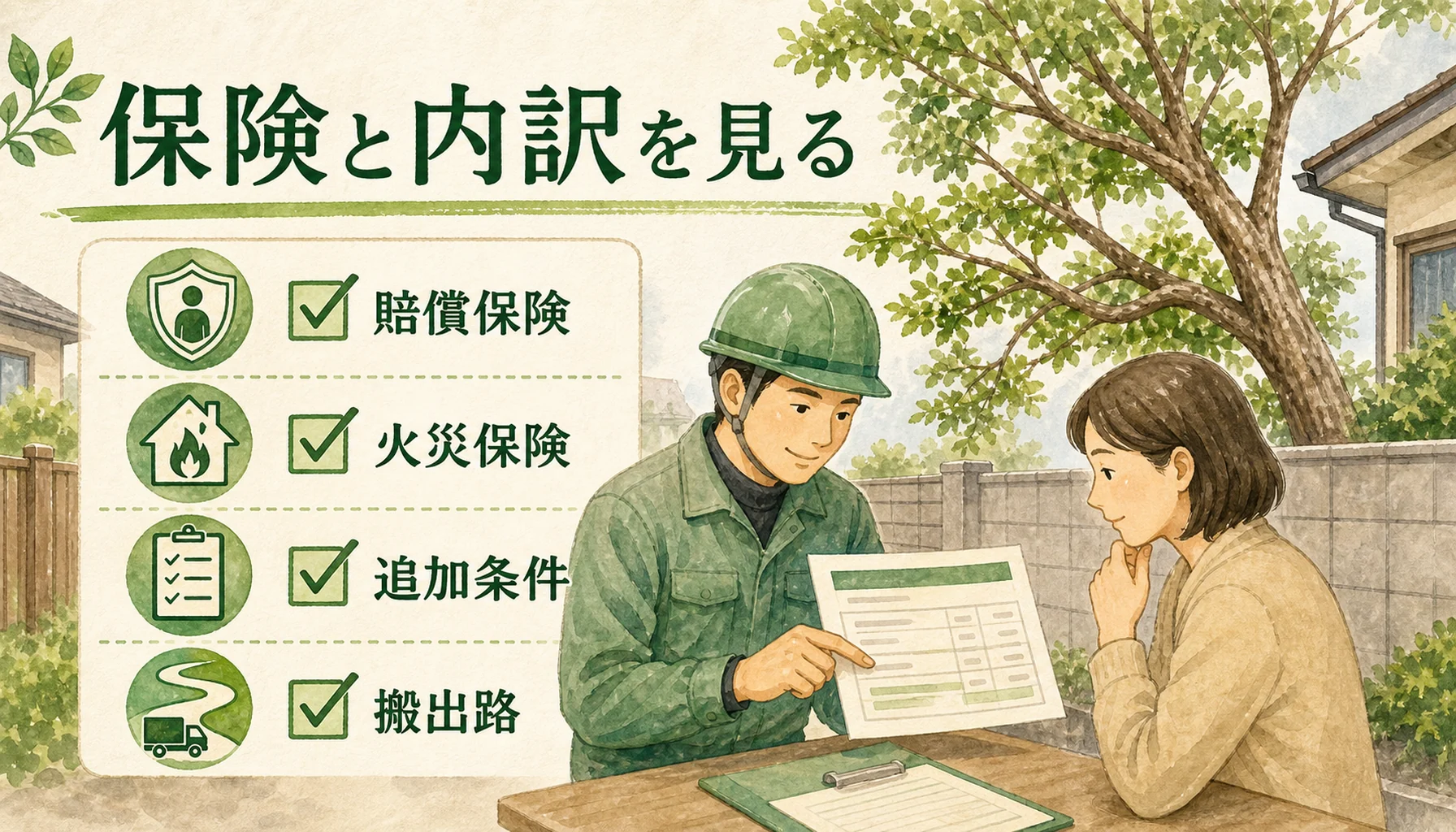 越境枝の伐採業者を選ぶときに保険と見積書内訳を確認する図解