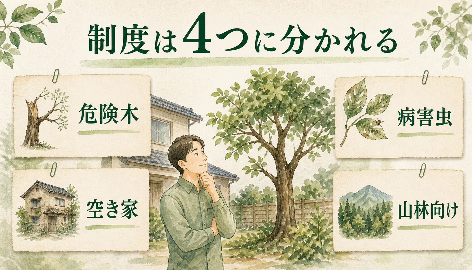 木の伐採に関係する補助制度を危険木・空き家・病害虫・山林向けに分けた図解