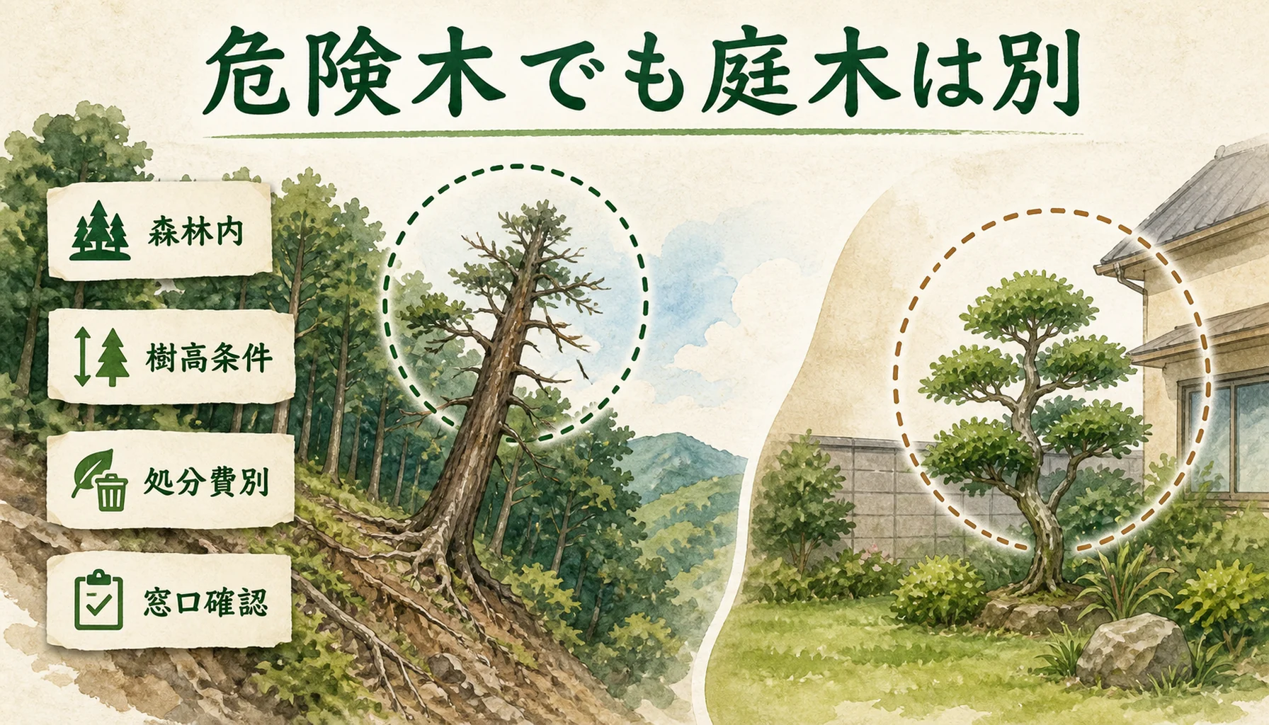 危険木伐採の補助制度が森林内の樹木を対象にしやすいことを示す図解