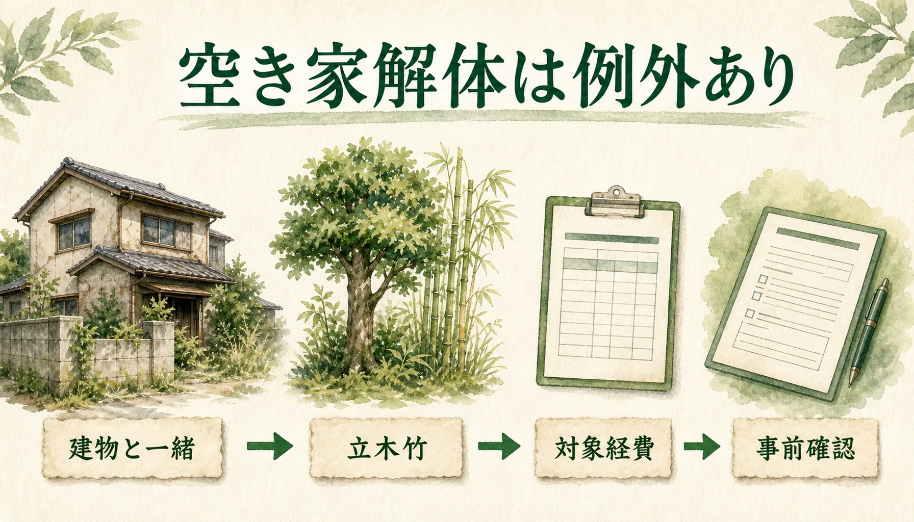 空き家解体とあわせた庭木伐採費が補助対象になる場合を示す図解