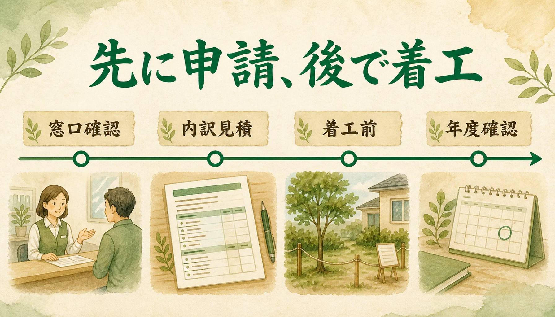 補助金申請で先に窓口確認と内訳見積書が必要なことを示す図解