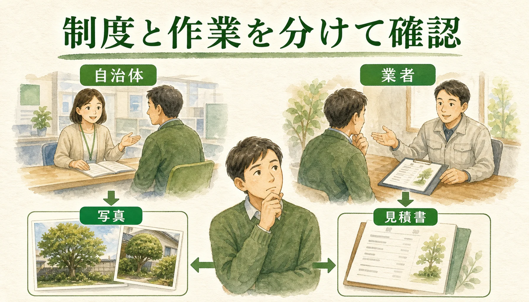 補助金制度は自治体に、伐採作業と見積書は業者に確認する流れを示す図解