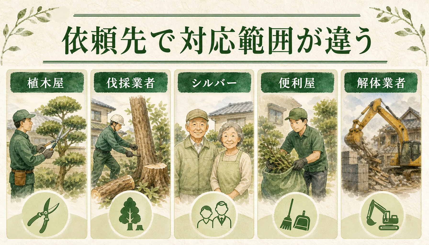 木を切ってくれる業者の種類と対応範囲を比較した図解