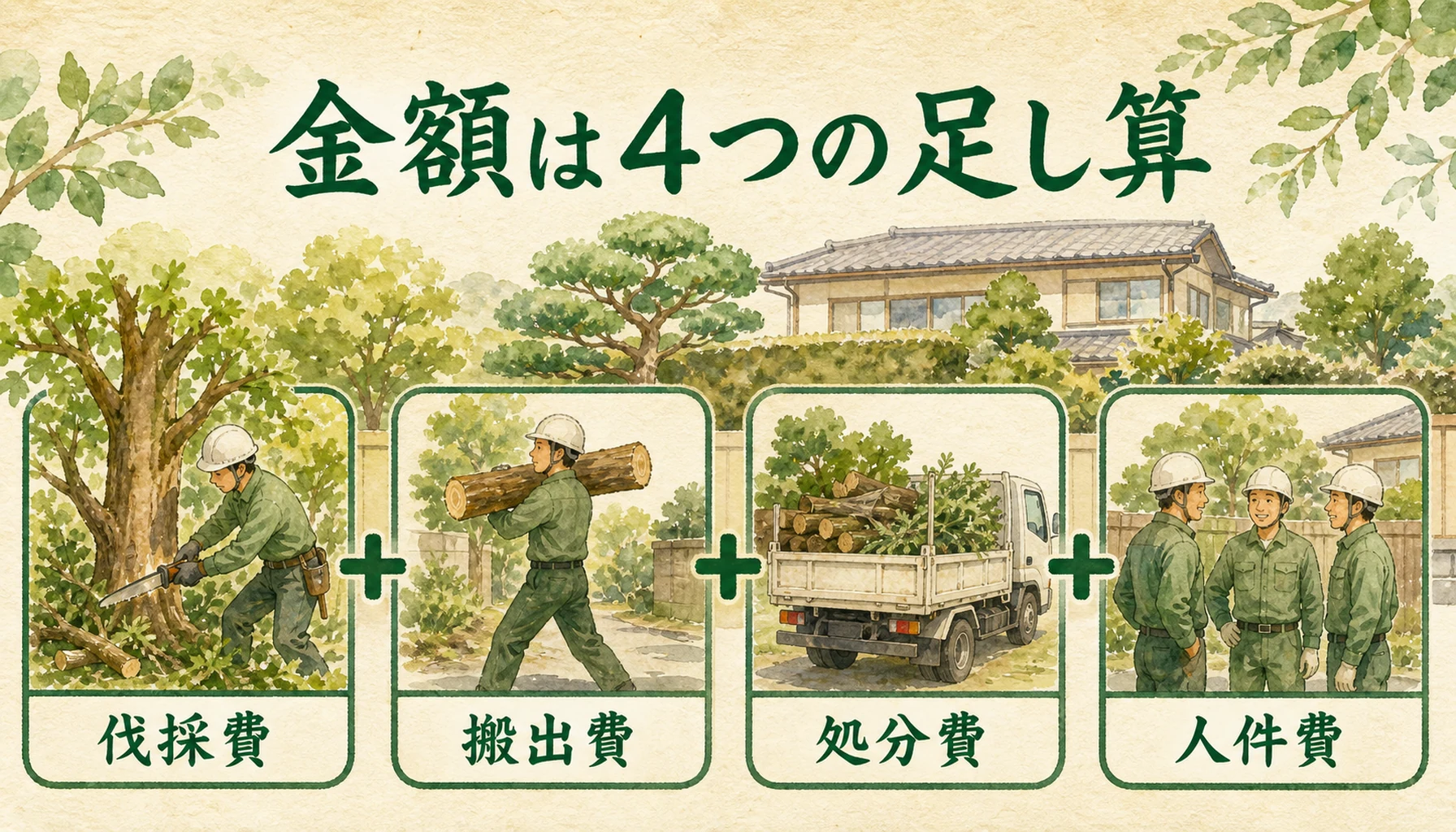 木を切ってもらう費用が4つの項目で決まることを示す図解