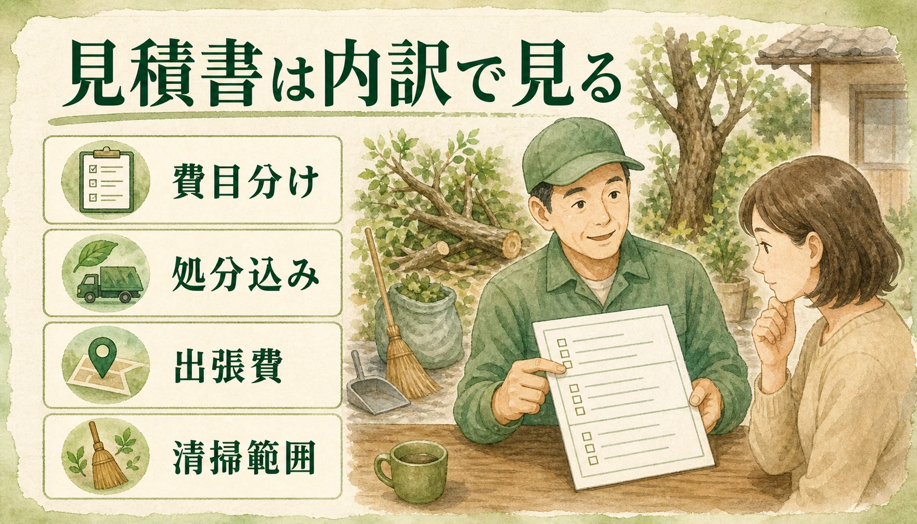 木を切る見積書で確認すべき内訳を示した図解