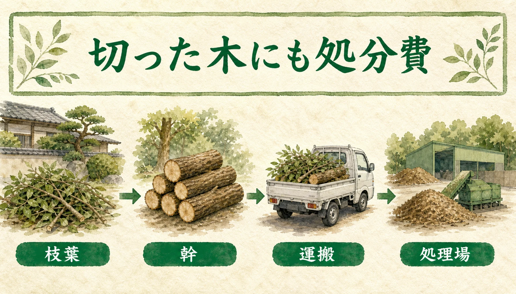 切った木の処分費が運搬や処理場費用で決まることを示す図解