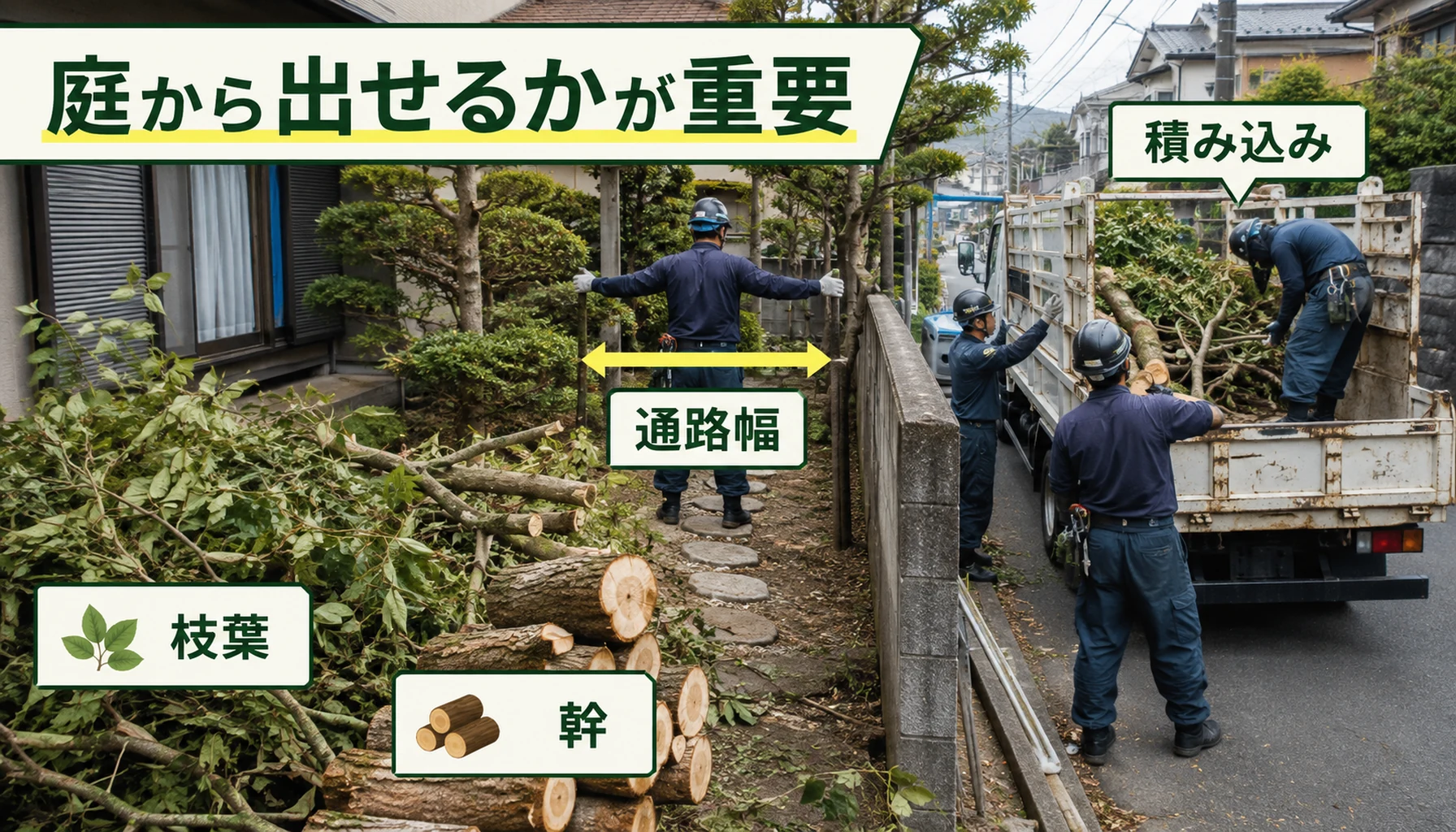 庭木の搬出経路で処分費用が変わる図解