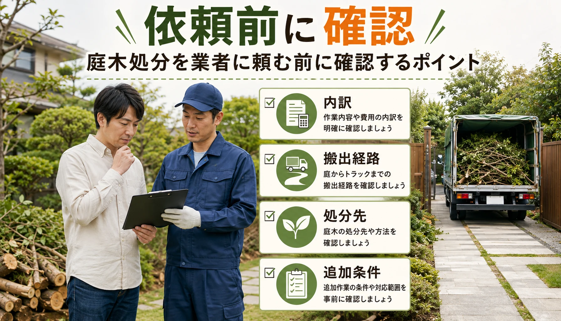 庭木処分を業者に頼むときの確認点を図解
