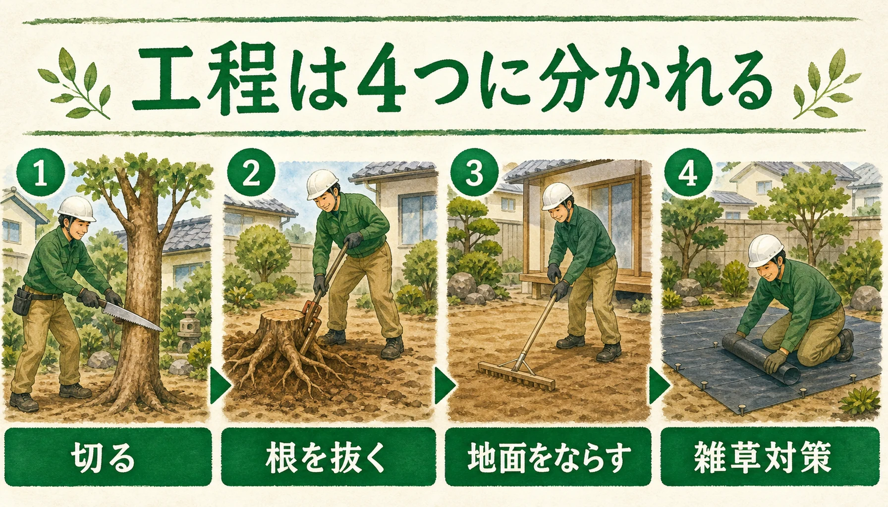 伐採、抜根、整地、防草の違いを整理した図解