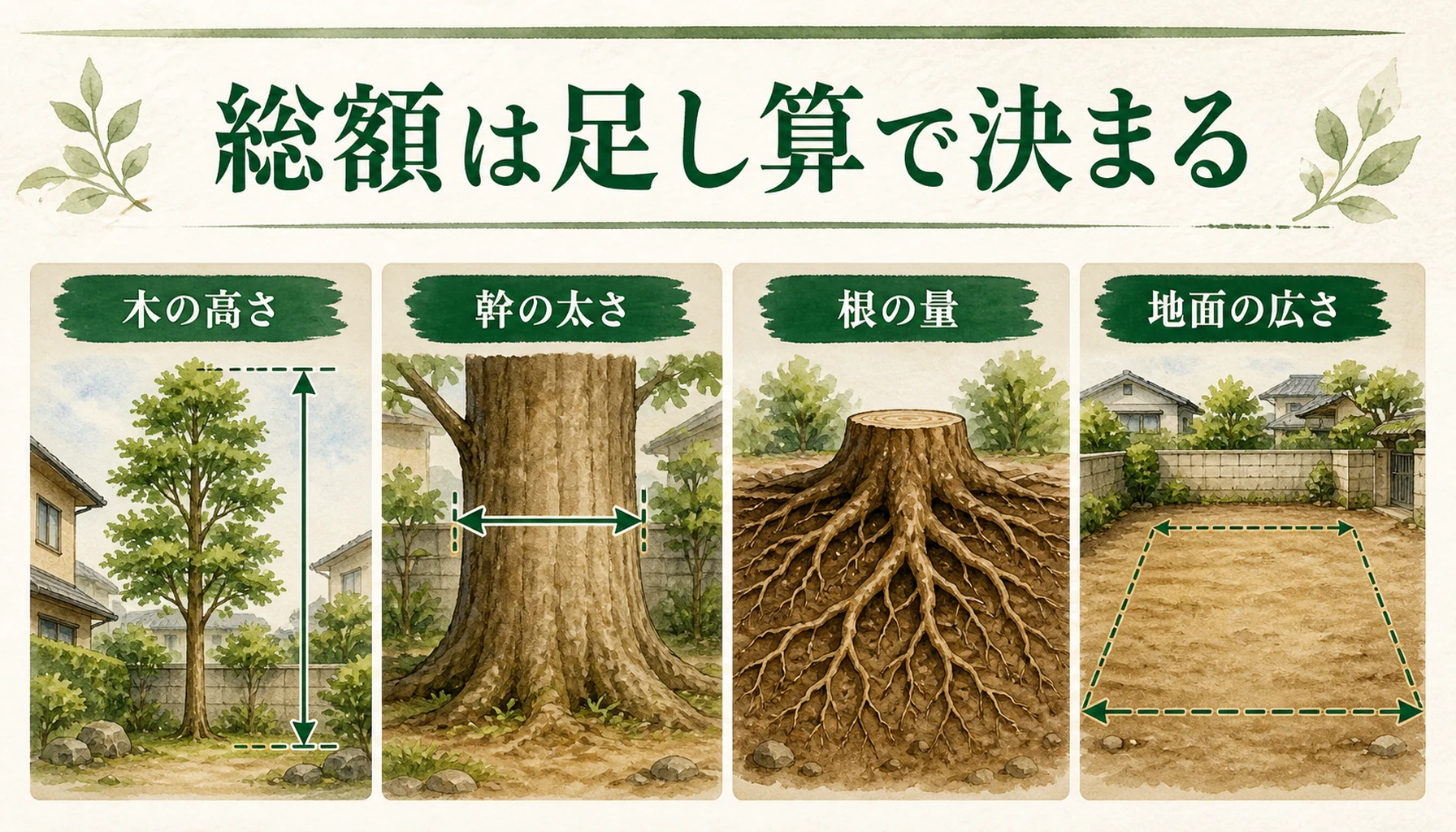 伐採や抜根や整地の費用が工程別に積み上がることを示す図解