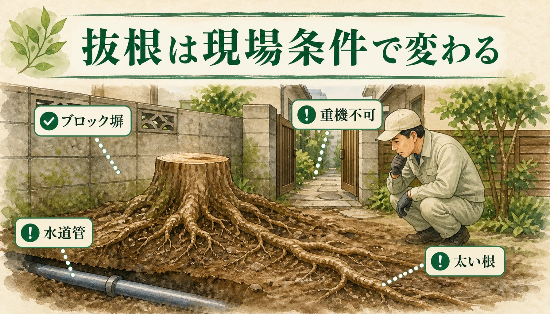 抜根費用が上がる現場条件を示す図解