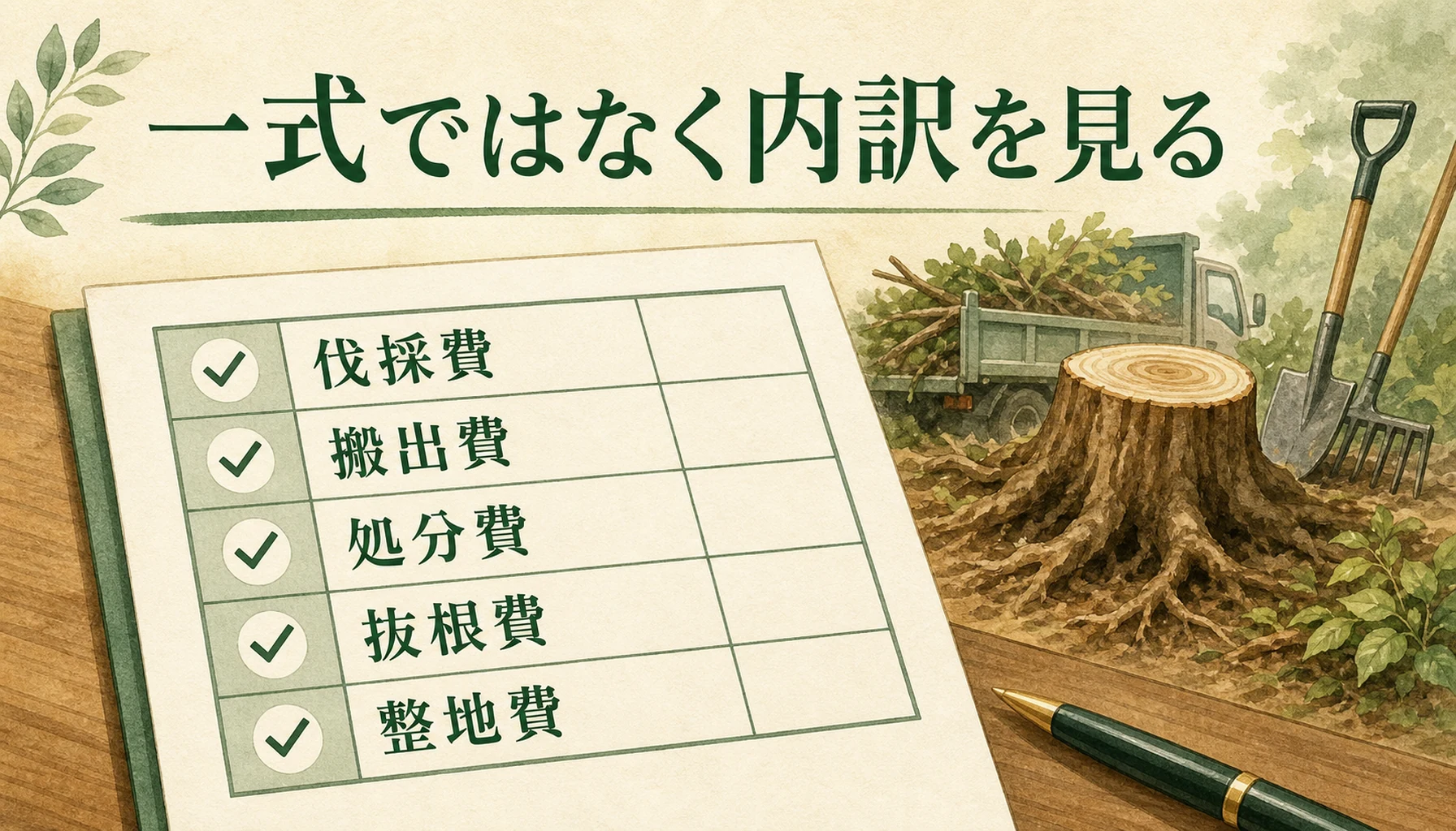 伐採から整地まで依頼するときの見積書確認項目の図解