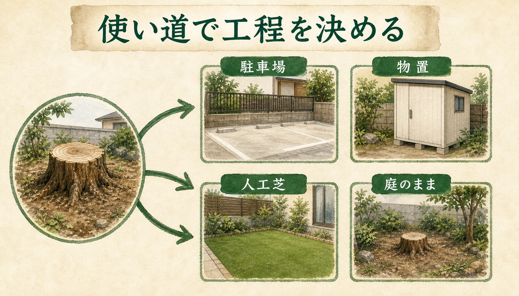 伐採後の土地利用によって抜根や整地の要否が変わることを示す図解