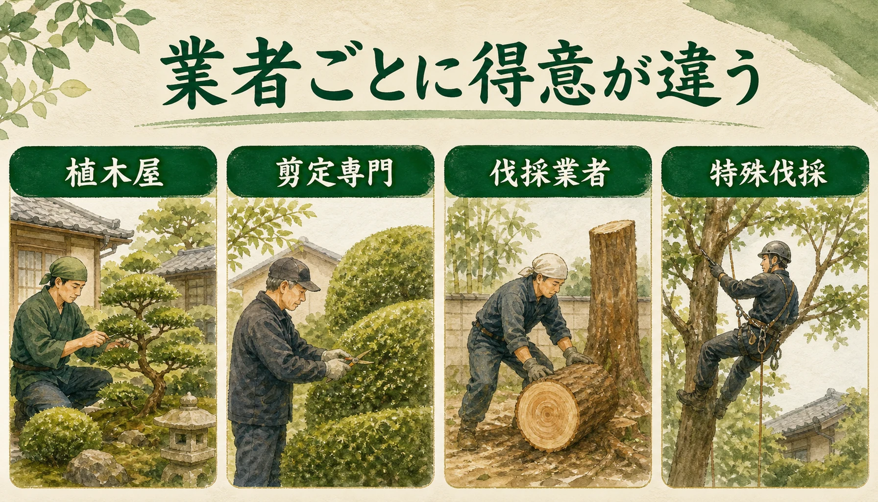 植木屋、剪定業者、伐採業者の違いを整理した図解