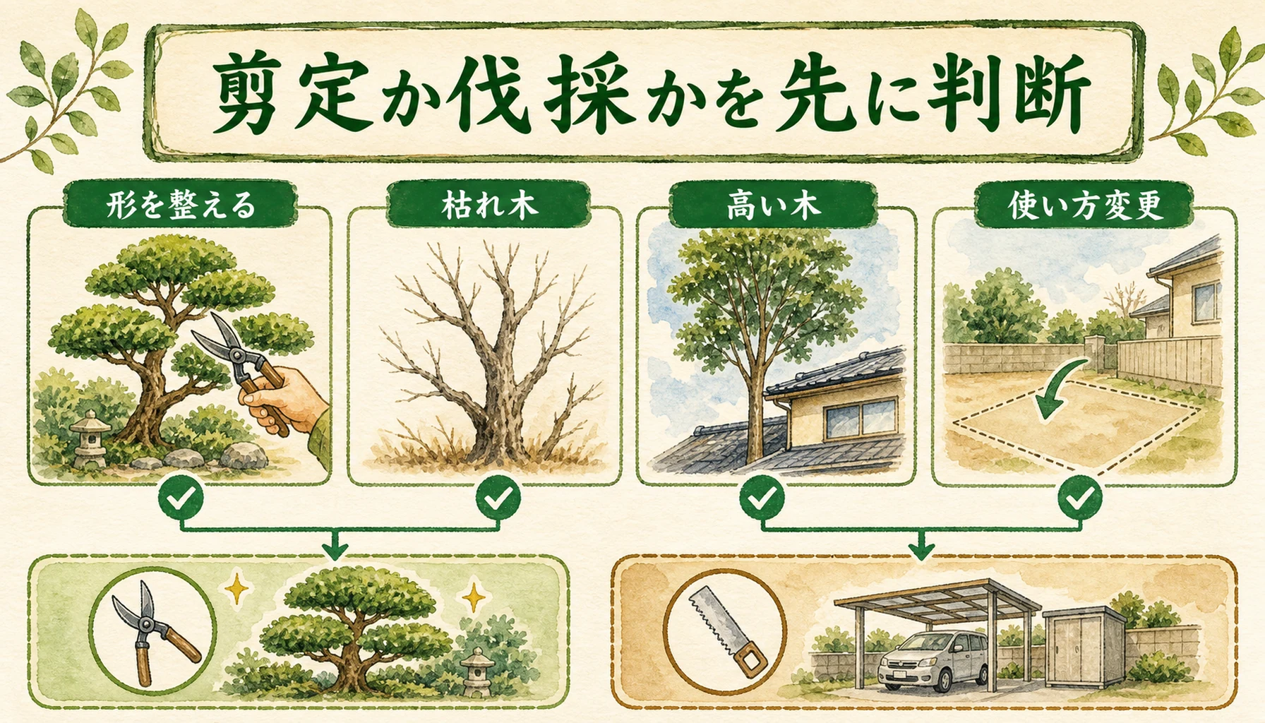 剪定で足りる木と伐採を検討すべき木の違いを示す図解