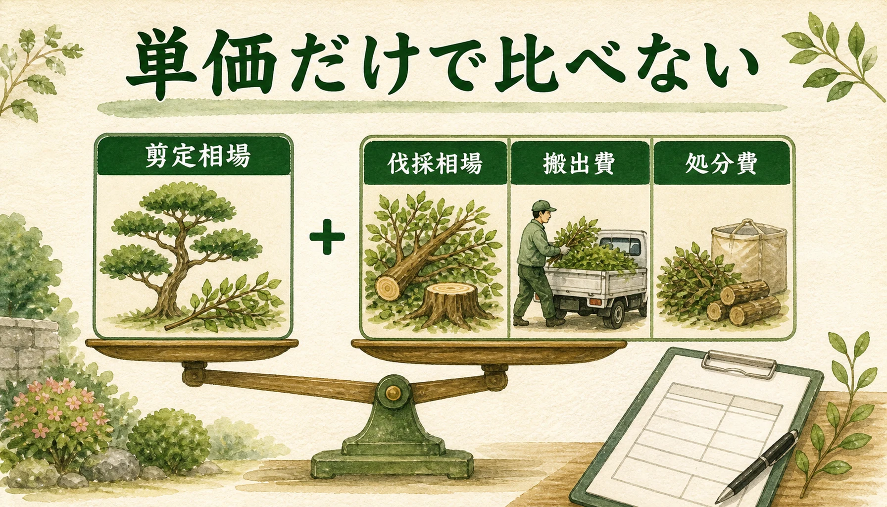 植木の剪定や伐採の見積もりを比較する物差しの図解