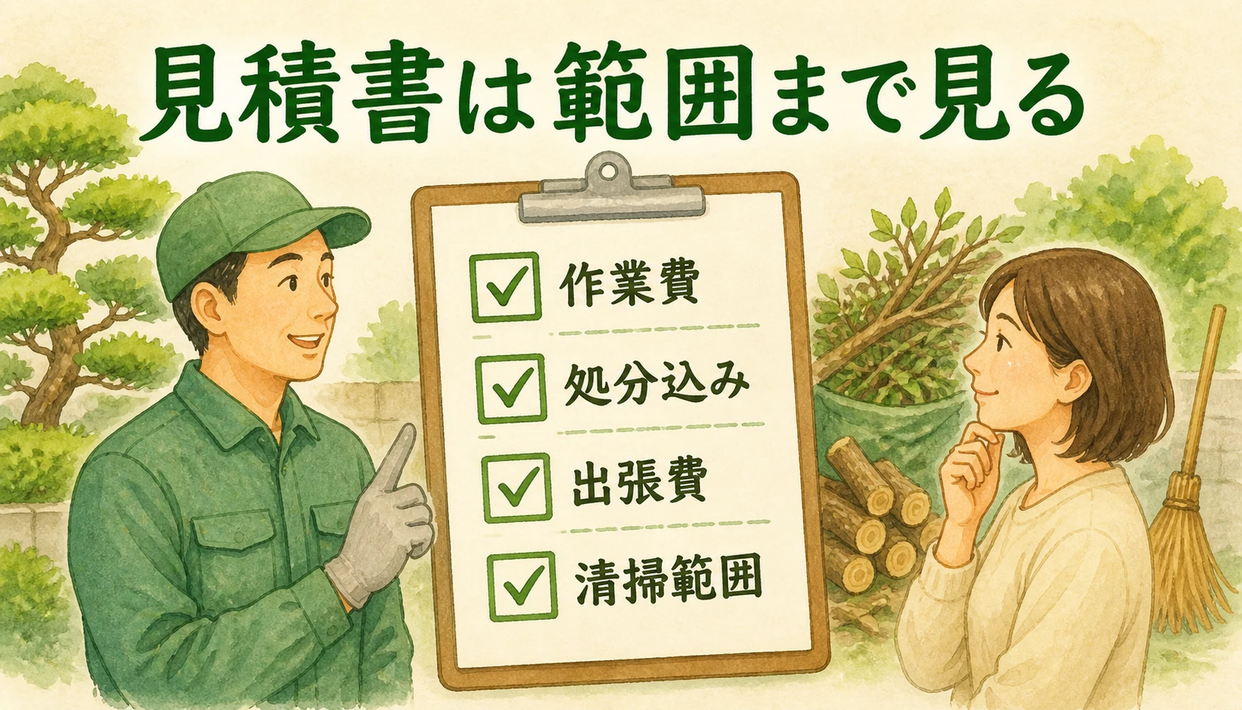 植木剪定や伐採の見積書で確認すべき範囲を示した図解