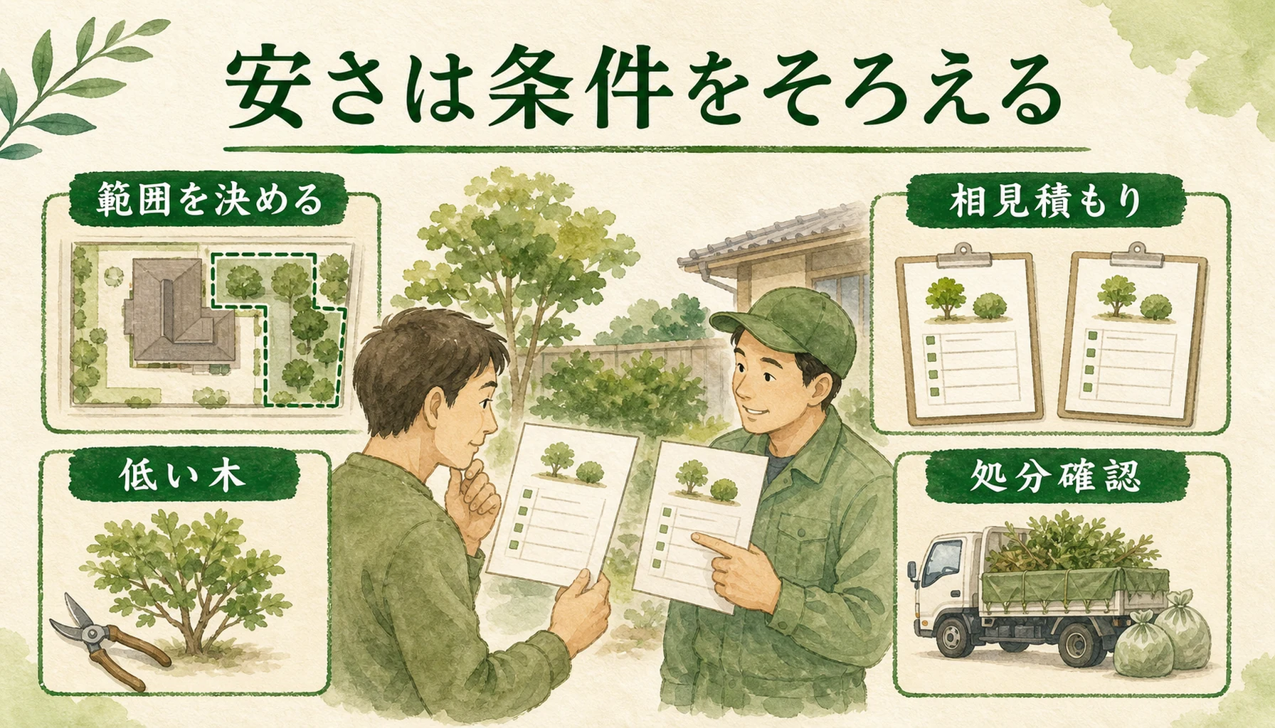 植木の手入れ費用を抑えるための条件整理を示す図解