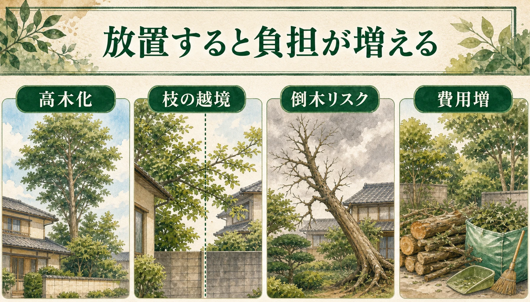 植木を放置した場合の費用増と近隣リスクを示す図解