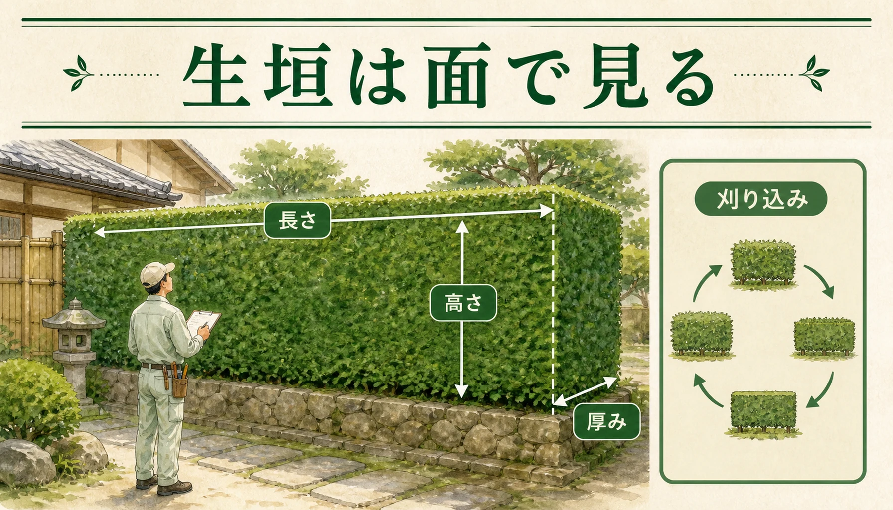 生垣の剪定料金が長さや高さで決まる説明