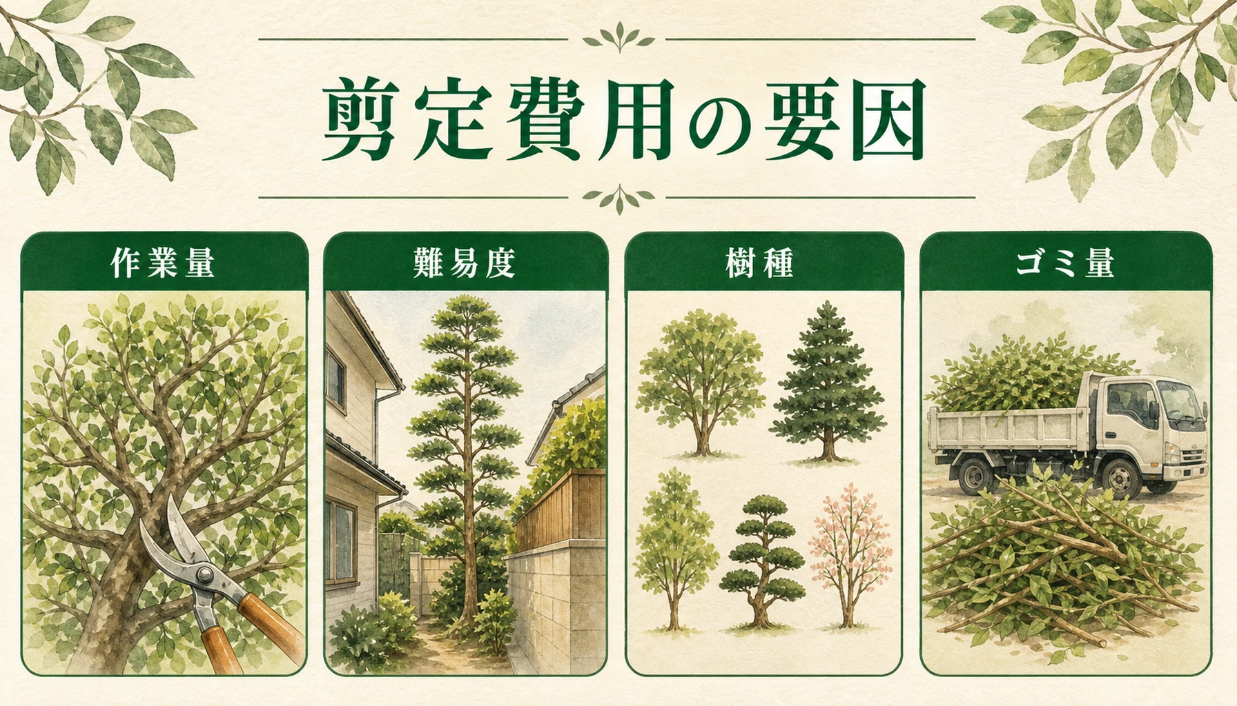 剪定料金を左右する作業量や難易度の説明