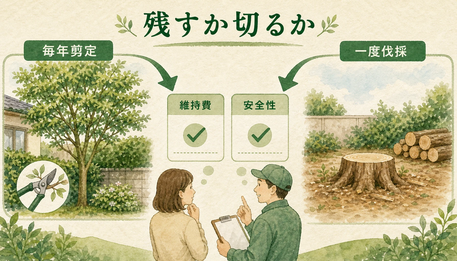 高くなりすぎた木を剪定で残すか伐採するかの比較