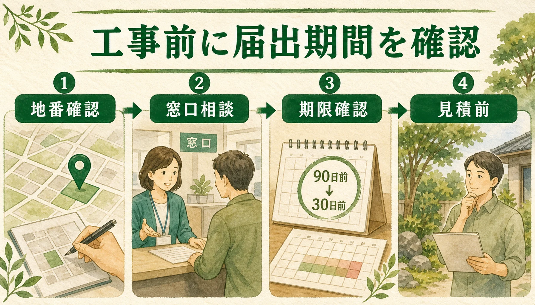 伐採届の確認から見積もりまでの順番を示す図解