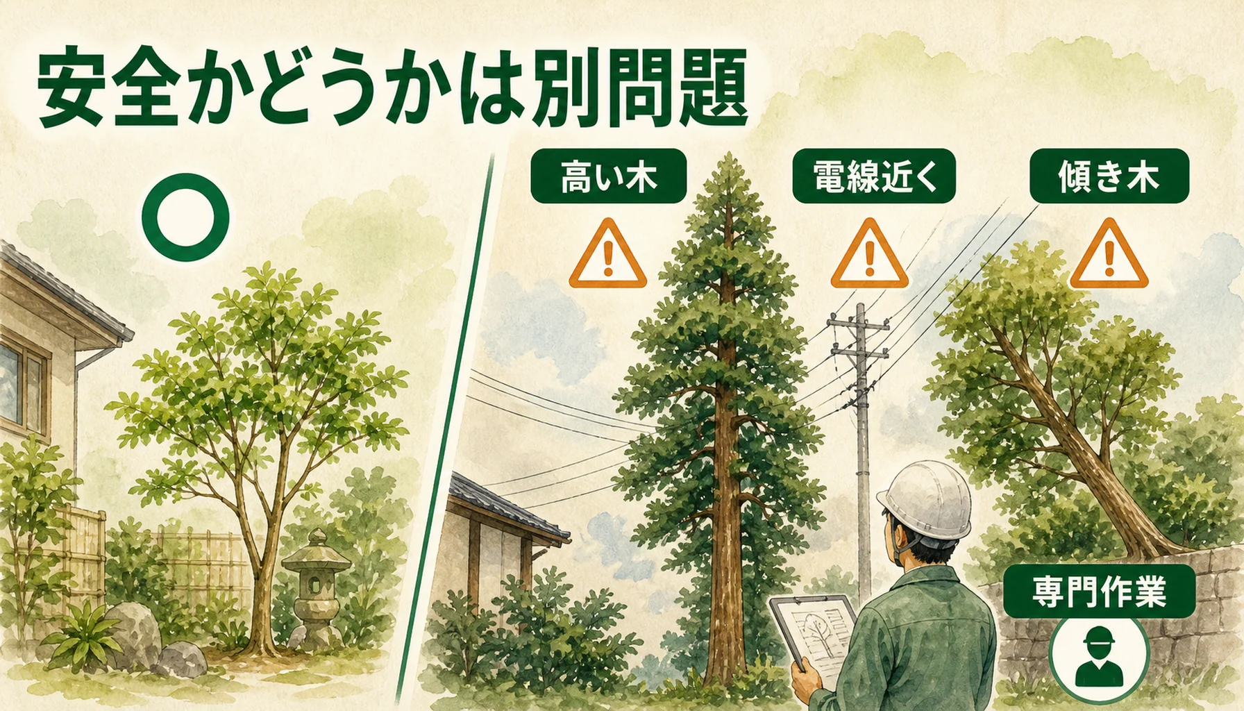 低い庭木と高所や電線近くの危険な伐採を比較する図解