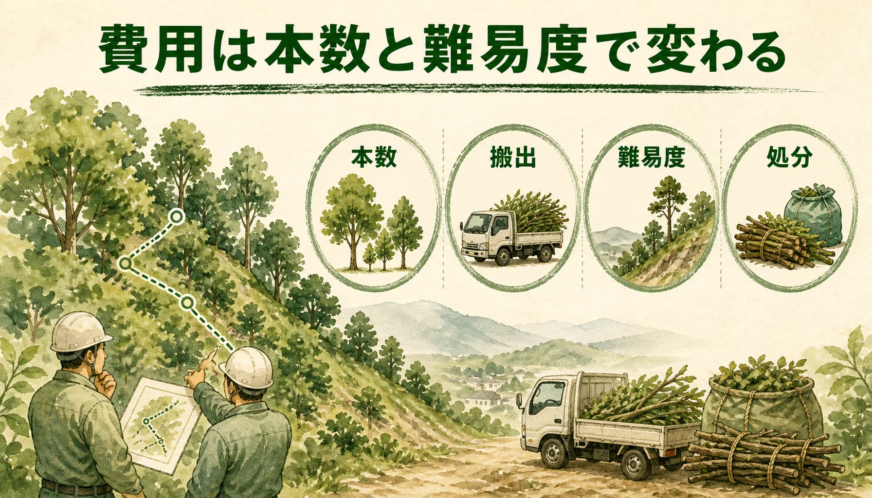 山林や裏山の伐採費用が本数と難易度で変わることを示す図解