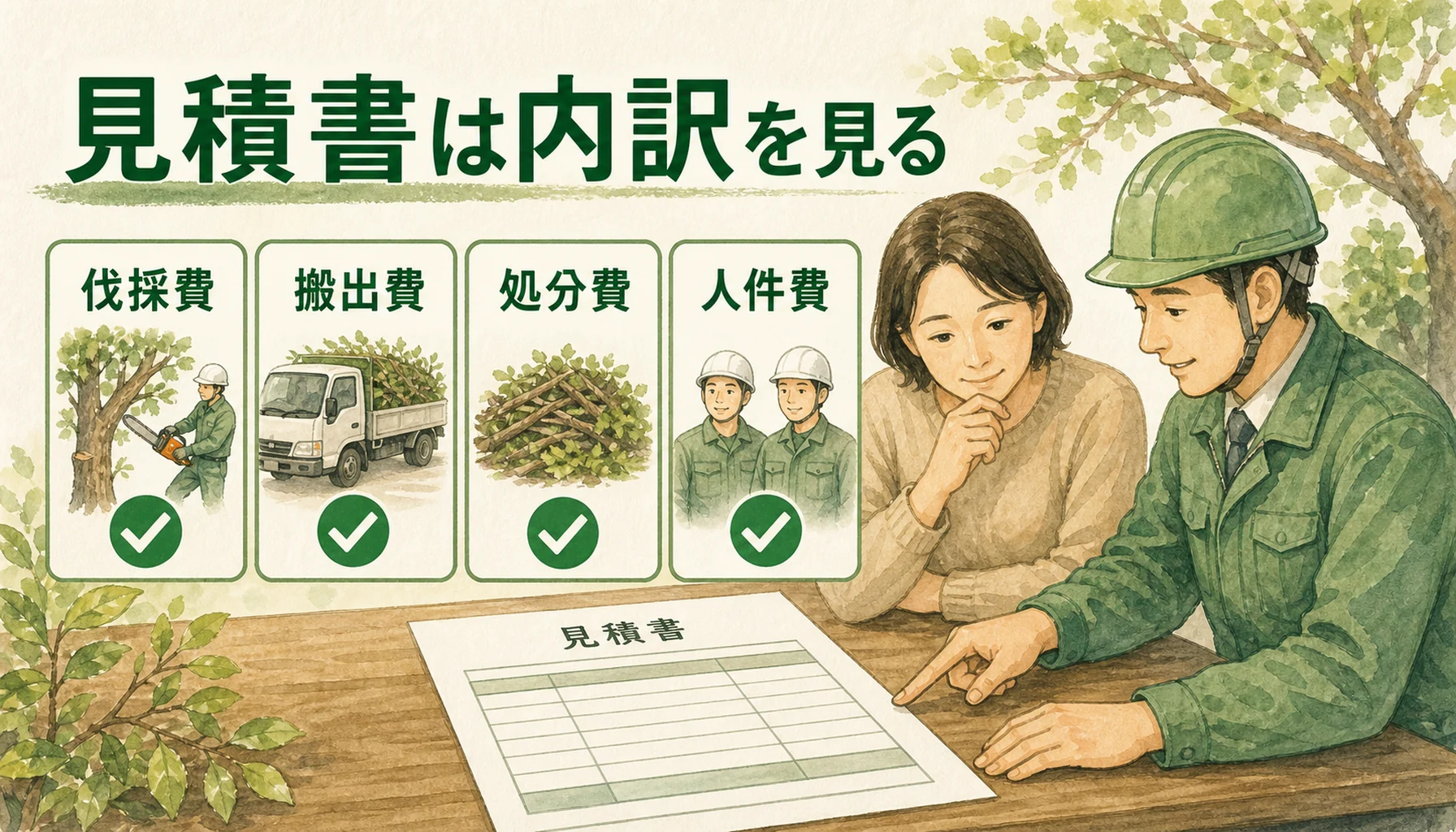 伐採見積書の内訳確認ポイントを示す図解