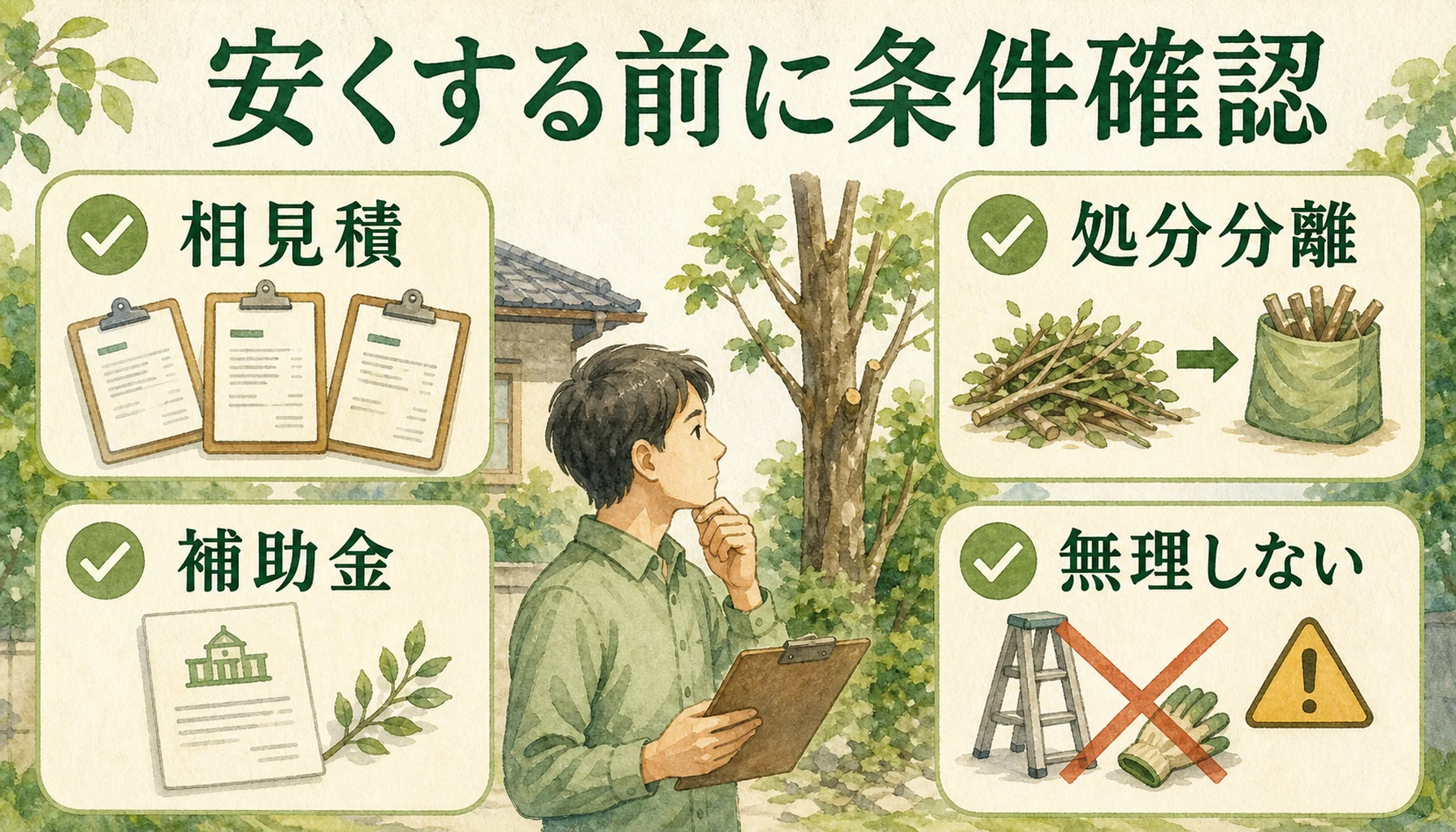 伐採費用を抑える前に確認する条件を示す図解