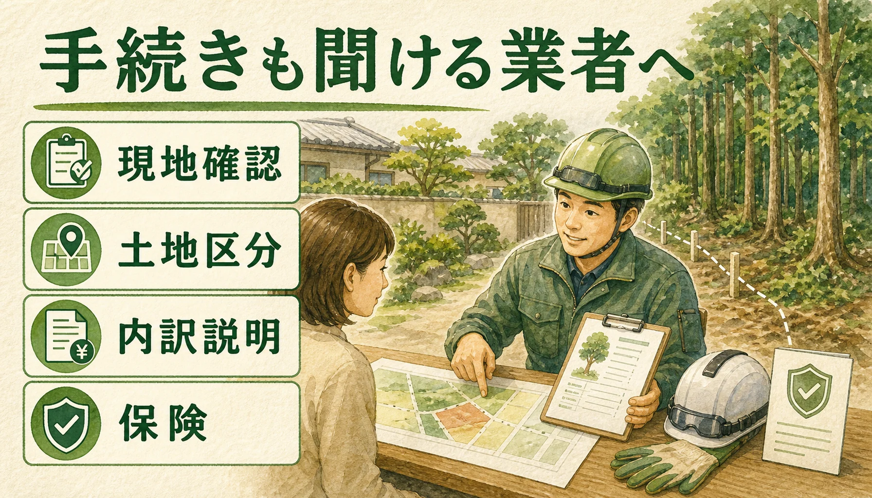 伐採業者選びで土地区分や見積内訳を確認する図解